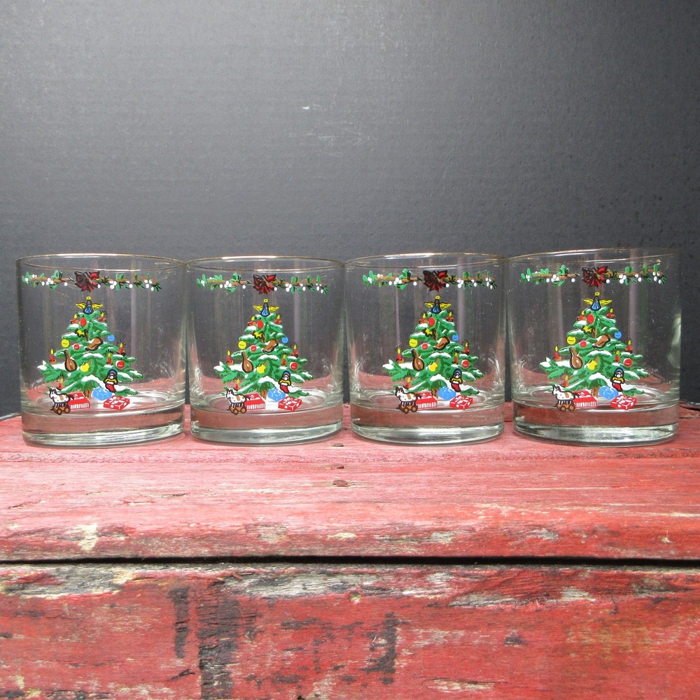 Vintage Christmas Tree Gold Rim Old Fashioned Glasses Set of 4 Rocks Tumblers